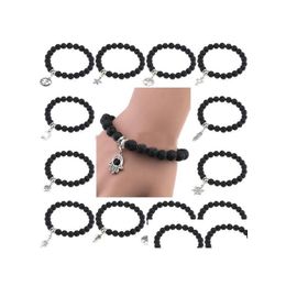 Beaded Natural Black Lava Stone Bracelets Chakra Bead Cross Heart Charm Bracelet For Men Women Stretch Yoga Jewellery Drop Delivery Dhfra