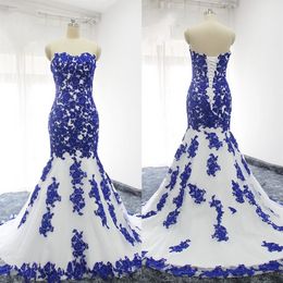 Royal Blue Applique Lace Mermaid Wedding Dresses Strapless Beaded Sequins Plus Size Bridal Dress For Womens Party Bridal Custom Fo322K