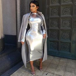 Dresses Bkld Fashion Gold Sier Bodycon Sexy Tail Party Dresses Elegant Womens Slim Fit Long Sleeve Metallic Holographic Midi Dress