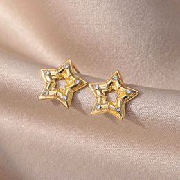 Stud Zircon Star Women's Stainless Steel Gold Plated Perforated Earrings for Korean Fashion Wedding Aesthetics Jewelry Gifts G230602