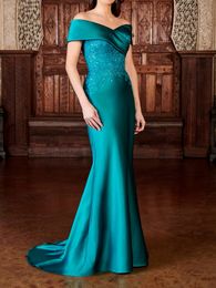 Hunter Evening Dress Satin Fit and Flare Formal Dresses with Off the Shouldere Beads and Applique on Bodice Formal Gowns Prom Wearing