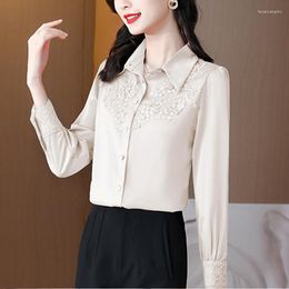 Women's Blouses Elegant Office Lady Long Sleeve Women Shirts Fashion Satin Blouse With Lace Modest Embroidery Female Clothes Blusas 24636