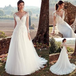 Tulle A-line Wedding Dresses With Illusion Back Lace Appliques Long Sleeves Bridal Wedding Gowns 2020 vestido de noche302e