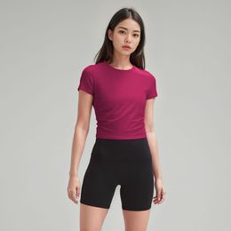 Womens ll Yoga T-shirt Summer Top Womens Ribber Round Collar Short Sleeve All it takes Elastic Breathable Sports Fitness Solid Color ll074