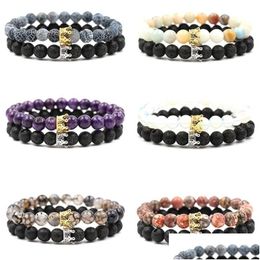 Beaded New 17 Colours 2Pc/Set 8Mm Lava Stone Bracelet Couples Crown Luxury Designer Jewellery Women Bracelects Tiger Eye Turquoise Men Dhr19