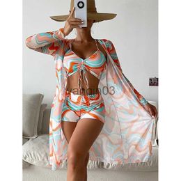 Women's Swimwear New Women Swimsuit High Waist Bikini Set Three Pieces Women Sexy Long Sleeve Cover Up Swimsuit 2023 Beach Bathing Suits Swimwear J230603