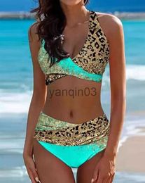 Women's Swimwear Leopard Print Crisscross Halter Bikini Set 2023 Summer Women's Swimwear Sexy Lace Up Two Piece Beach Suit Holiday J230603