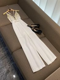 2023 Summer White Solid Colour Rhinestone Sequins Jumpsuits Spaghetti Strap V-Neck Long Maxi Rompers O3L012613