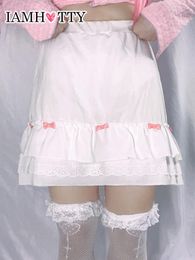 Dresses Iamhotty Cascading Ruffle Aline Kawaii Skirt with Bow Aesthetic White Mini Skirts Japanese Style Lolita Skirts Fairycore Outfit