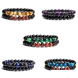 Beaded 2 Pcs Couples Bracelets Men Polished Black Onyx Beads Bracelet For Women Healing Energy Green Tiger Eye Stone Bangle Jewellery Dhqvn