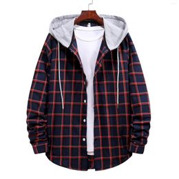 Men's Casual Shirts Mens Plaid Hooded Checked Flannel Shirt 2023 Loose Long Sleeve Blouse Tops Men Chemise Homme Social Jacket Clothes