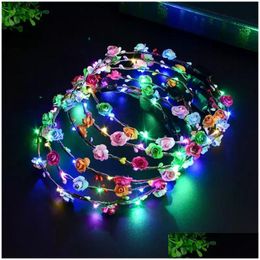 Decorative Flowers Wreaths Party Flashing Led Hairbands Strings Glow Flower Crown Headbands Light Rave Floral Hair Garland Luminou Dhkys