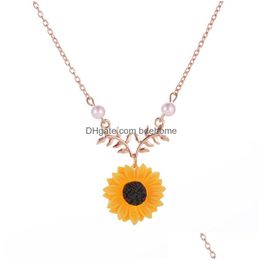 Pendant Necklaces Gold Plated Leaf Bracnch Necklace Yellow Sunflower Long Chain Peal For Women Fashion Jewelry Drop Delivery Pendants Dh4Pr