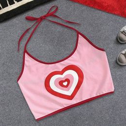 Women's Tanks Camis Summer Pink Love Heart Print Slim Tight Spaghetti Strap Halter Backless Camis Crop Tops Fashion Ladies Short Camis Tee 230603