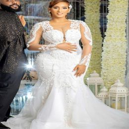 plus size arabic aso ebi lace beaded luxurious wedding dresses sheer neck bridal dresses vintage sexy wedding gowns zj884217K