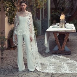 Modest Jumpsuit Sheath Wedding Dresses with Wrap Strapless Outfit Bridal Gown civil robe mariage Lace Appliques Jacket