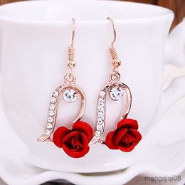 Charm Classic Red Rose Flower Drop Earrings For Women Rhinestone Plant Flowers Earring Bridal Wedding Party Jewellery R230603