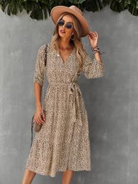 Dresses Autumn Winter Long Leopard Print Dress Women 2022 New Casual V Neck Three Quarter Sleeve Bandage Maxi Dresses Female Leisure