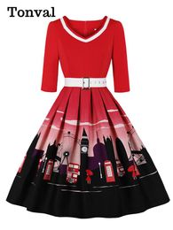 Dresses Tonval Red Print Elegant 50s Vintage Rockabilly Pleated Dresses Women 2022 Autumn Winter Robes Femme Belted Retro Dress