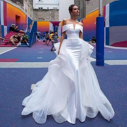 Stunning White Detachable Train Wedding Dresses Off Shoulder Cascading Ruffles Satin Wedding Gown Sweep Train Chapel Bridal Dress281F