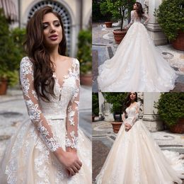 Gorgeous Lussano 2019 A Line Long Sleeve Wedding Dresses Plunging Neck Lace Applique Sweep Train Bridal Gowns Beach robe de mariee169x