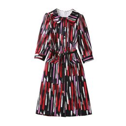 Summer Black Striped Print Belted Dress 3/4 Sleeve Peter Pan Neck Panelled Knee-Length Casual Dresses A3A101513
