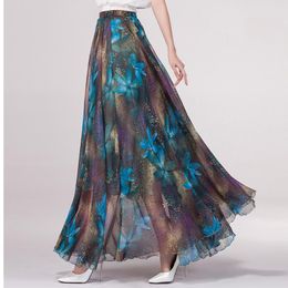 skirt 2023 Summer Chiffon Vintage Floral Print Fashion Bohemia Maxi Skirt Holiday Beach Elegant Korean Elastic Waist Skirt for Woman