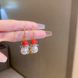 Stud Cute snowman red pearl suitable for women's elegant temperature flower Centred zircon earrings Christmas party Jewellery gifts G230602