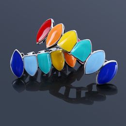 Hip Hop multicoloured bright braces Dental Teeth Grillz Men Women Colored Gold Grills Teeth Set Fashion Jewelry High Quality Eight 8 Top Tooth Six 6 Bottom Grills 1256