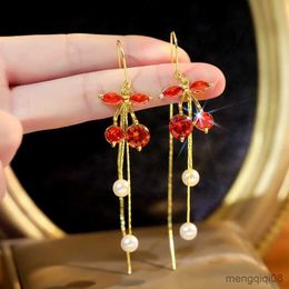 Charm New Rhinestone Cherry Earrings For Women Sweet Flower Long Tassel Drop Earring Fashion Wedding Jewellery R230603