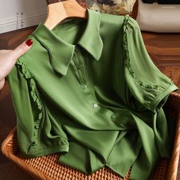 Women's Blouses Short Sleeve Solid Satin Blosue Women Button Down Casual Silk Woman Shirt Summer Clothing 2023 Loose Green Blouse Blusas