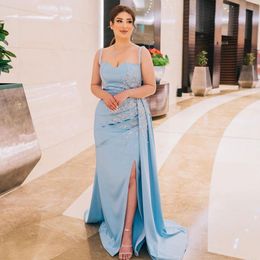 Light Blue Beadings Evening Dress Spaghetti Strap Arabic Dubai Women Birthday Engagement Party Gown with Slit