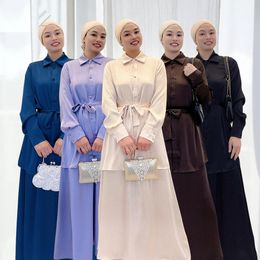 Jeans Women Long Sleeve Shirt Tops Maxi Skirt Belted Tracksuit Satin Outfits Dubai Turkey Abaya Muslim Dress Eid Ramadan Suit Kaftan