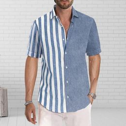 Men's Casual Shirts Lapel Short Sleeve Men Shirt Loose Fit Single Breasted Tops Striped Patchwork Buttons Placket Streetwear For Dating