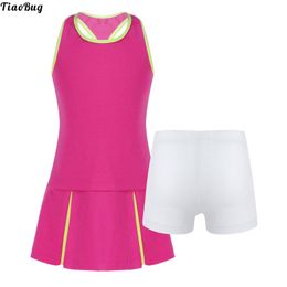 Basic Casual Dresses TiaoBug 2Pcs Kids Girls Summer Sport Suit Round Neck Sleeveless Dress And Shorts Set Sportswear For Running Gym Tennis Badminton 230603