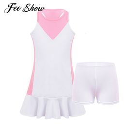 Basic Casual Dresses Kids Girls Sleeveless Badminton Tennis Dresses Sportswear Casual Sports Mini Dress Racer Back Ruffle Hem Sport Dress with Shorts 230603