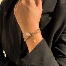 Link Bracelets Simple Cross Chain Carved Pendant Bracelet Female Metal Shaped Imitation Pearl Jewelry