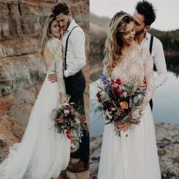 2023 Boho Beach Wedding Dresses Bridal Gown Lace Tulle Scoop Neck Long Sleeves Backless Custom Made Plus Size Garden Country Vestidos De Novia 403 403