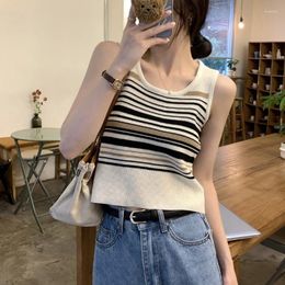 Women's Tanks Boring Honey Korean Version Contrast Stripe Top Women Summer Design Sense I-Shaped Sleeveless Vest O-Neck Knitting All-Match