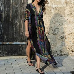 Dresses Fitshinling Ethnic Vintage Print Maxi Dress Holiday 2020 V Neck Slit Sexy Long Dress Women Boho Backless Black Pareos Tunic Hot