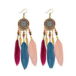 Dangle Chandelier Bijoux Boho Ethnic Long Feather Tassel Earrings For Women Round Metal Flower Carved Essential Oil Diffuser Ear J Dhblo