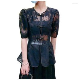 Women's Blouses Chinese Style Summer Vintage Frog Crochet Short Sleeve White Organza Shirt Women's Sexy Perspective Black Gauze Tops