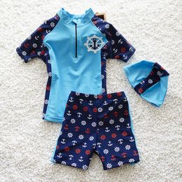 Swimwear Children's boys' navy style 2-piece swimsuit Sunblock beach clothing hooded children's swimwear 1-12Y P230602