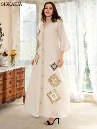Dress Sequins Embroidered Long Dress Women Summer Elegant Casual Loose Cotton Linen Maxi Dress Holiday Party Muslim Arab Abaya