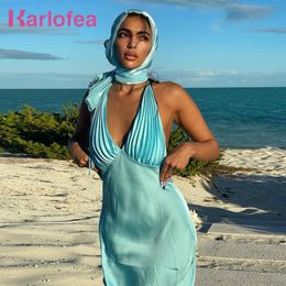 Dresses Ofea Sexy Halter Blue Midi Dress 2021 for Women Fashion Silk Satin Beach Vacation Party Outfits Clothing Y2k Summer Dresses