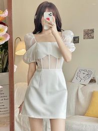 Casual Dresses QWEEK Sexy Lace Mesh White Dress Women 2023 Summer Elegant Evening Party Puff Sleeve Short Sundress Square Collar