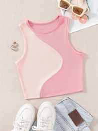 Women's Tanks Camis Women's Ribbed Knit Pink Tank Top O-neck Sleeveless Cute Baby Tee Y2K Clothes Summer Patchwork Color Block Crop Top T Shirt 230603