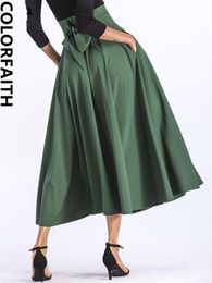Dresses Colorfaith New 2022 Slit Vintage Korean Fashion Pleated Flared Pockets Lace Up Bow Spring Summer Women Long Maxi Skirts Sk8831