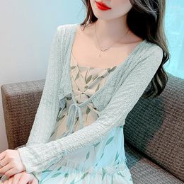 Women's Knits 2023 Summer Sun Protection Shirt Cardigan Sweater Korean Style Elegant Ice Silk Thin Long Sleeve Cape Top Women