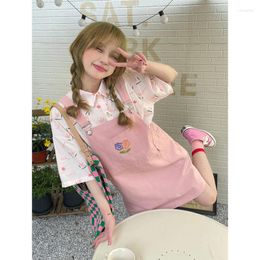 Casual Dresses Sweet Girls 2pc Overalls Set Korean Floral Short Sleeve Shirt Loose Strap Shorts Streetwear 2023 Summer Woman Jumpsuits Suit